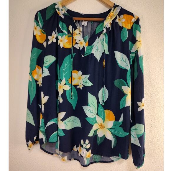 Old Navy Green Yellow Floral V-Neck Long Sleeve Tie Neck Blouse Size Medium - Picture 1 of 9